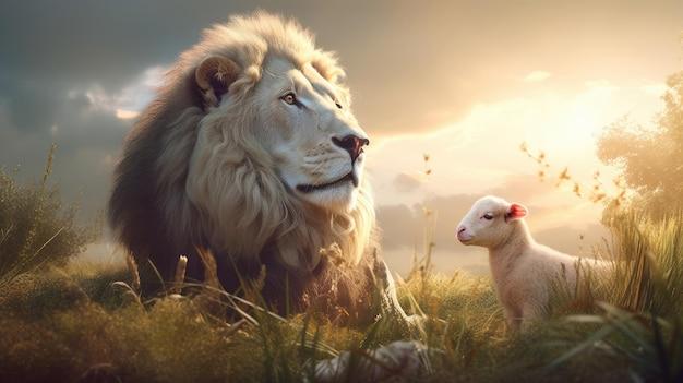 lion with sheep